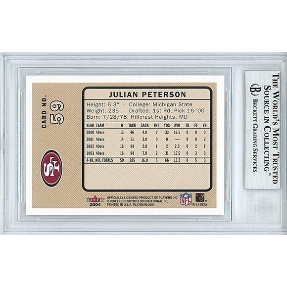 Julian Peterson Signed 2004 Fleer Football Card SF 49ers Beckett Autographed BAS - Picture 2 of 5